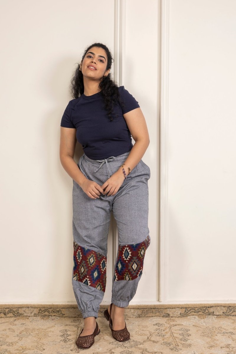 Women's Hopper Joggers | Grey With Patterned Patchwork| Fits Waist Sizes 30 to 38 Inches | Verified Sustainable by Brown Living™