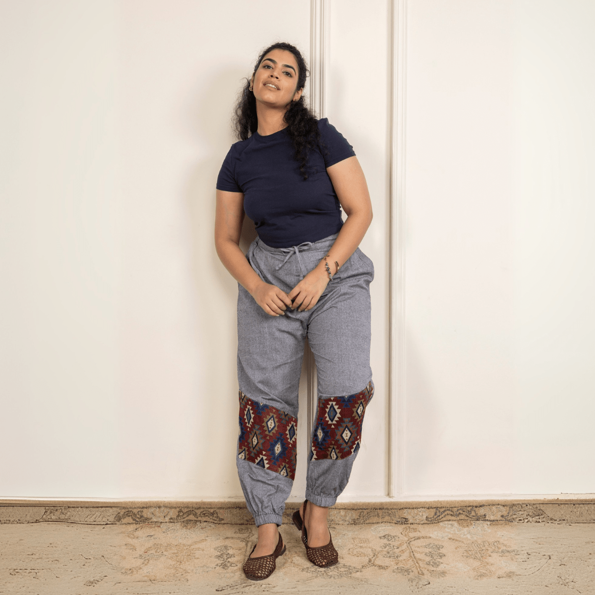 Women's Hopper Joggers | Grey With Patterned Patchwork| Fits Waist Sizes 30 to 38 Inches | Verified Sustainable by Brown Living™