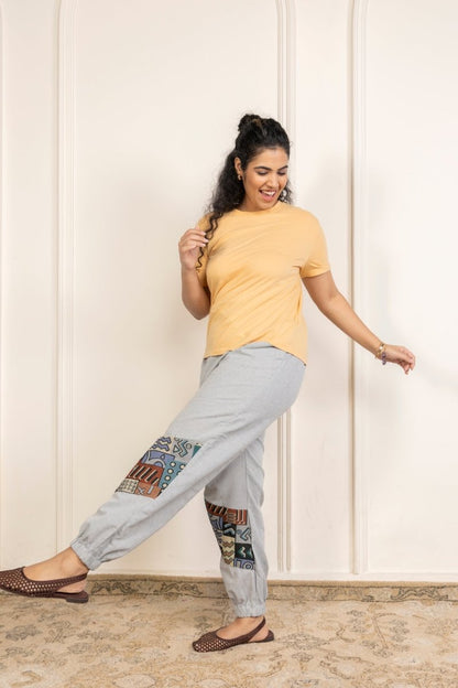 Women's Hopper Joggers | Melange Grey With Patterned Patchwork| Fits Waist Sizes 30 to 38 Inches | Verified Sustainable by Brown Living™