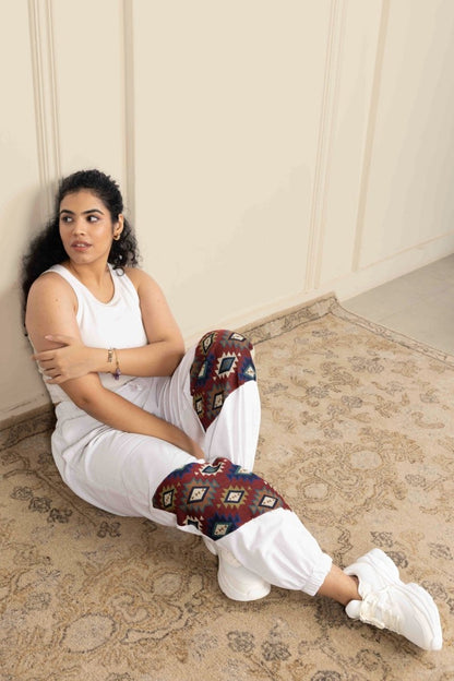 Women's Hopper Joggers | White With Patterned Patchwork | Fits Waist Sizes 30 to 38 Inches | Verified Sustainable by Brown Living™