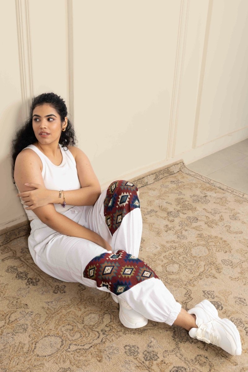 Women's Hopper Joggers | White With Patterned Patchwork | Fits Waist Sizes 30 to 38 Inches | Verified Sustainable by Brown Living™