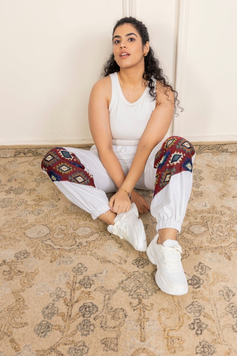 Women's Hopper Joggers | White With Patterned Patchwork | Fits Waist Sizes 30 to 38 Inches | Verified Sustainable by Brown Living™