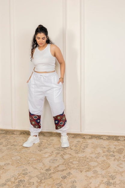 Women's Hopper Joggers | White With Patterned Patchwork | Fits Waist Sizes 30 to 38 Inches | Verified Sustainable by Brown Living™