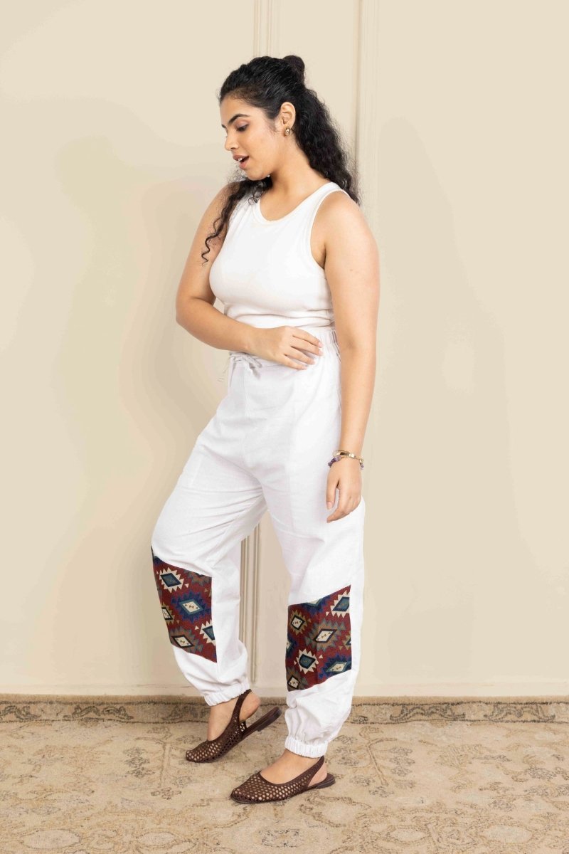 Women's Hopper Joggers | White With Patterned Patchwork | Fits Waist Sizes 30 to 38 Inches | Verified Sustainable by Brown Living™