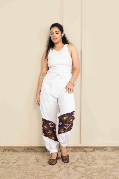 Women's Hopper Joggers | White With Patterned Patchwork | Fits Waist Sizes 30 to 38 Inches | Verified Sustainable by Brown Living™