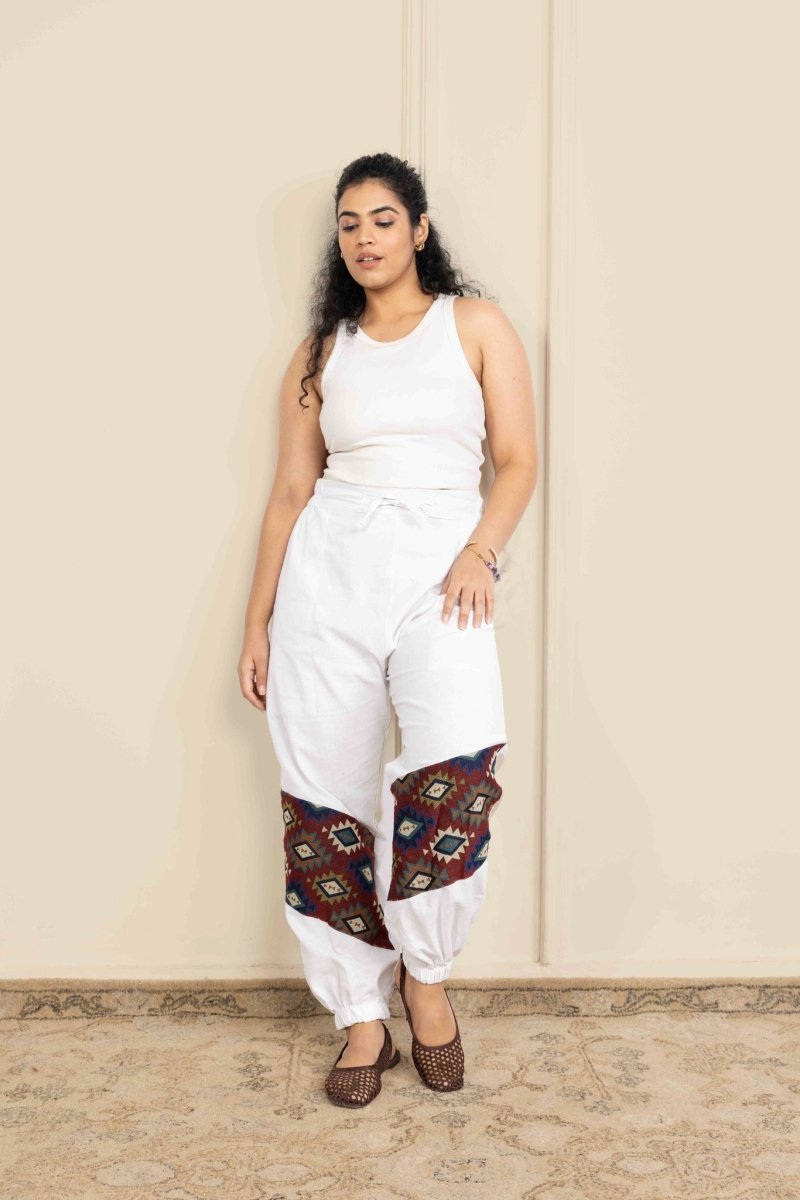 Women's Hopper Joggers | White With Patterned Patchwork | Fits Waist Sizes 30 to 38 Inches | Verified Sustainable by Brown Living™