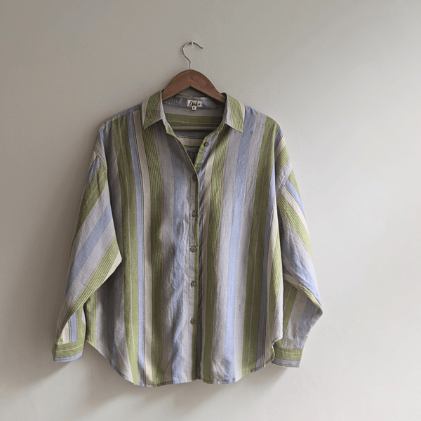 Women's Oversized Handloom Cotton Shirt in Green Stripes | Verified Sustainable by Brown Living™