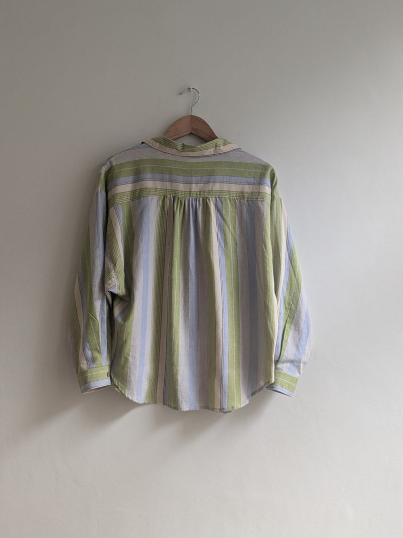 Women's Oversized Handloom Cotton Shirt in Green Stripes | Verified Sustainable by Brown Living™