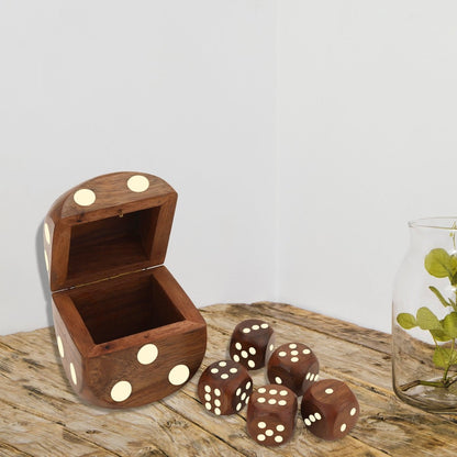 Wooden 5 Dice Box Holder – Brass Inlay Design | Verified Sustainable by Brown Living™