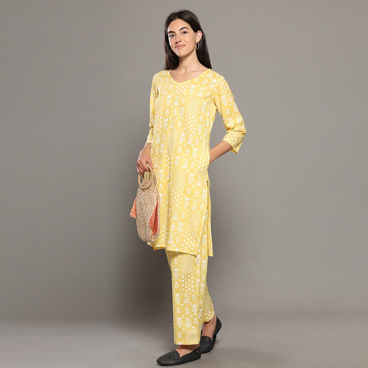 Yellow Cotton Abstract Print Kurta & Pant Co - ord Set – Loungewear | Verified Sustainable by Brown Living™