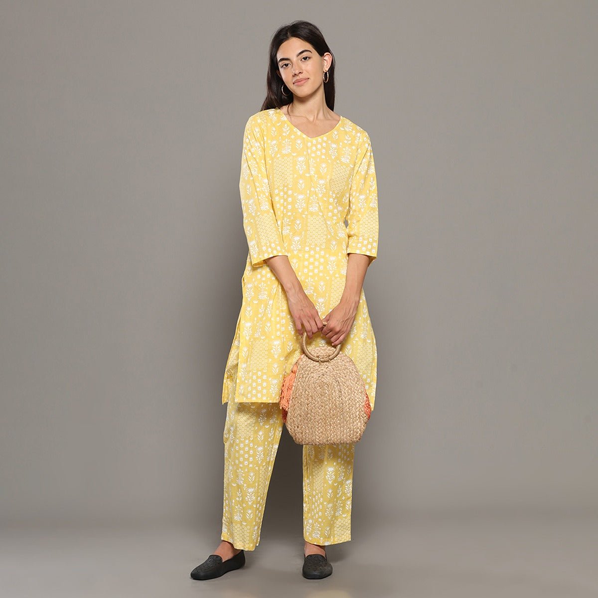 Yellow Cotton Abstract Print Kurta & Pant Co - ord Set – Loungewear | Verified Sustainable by Brown Living™