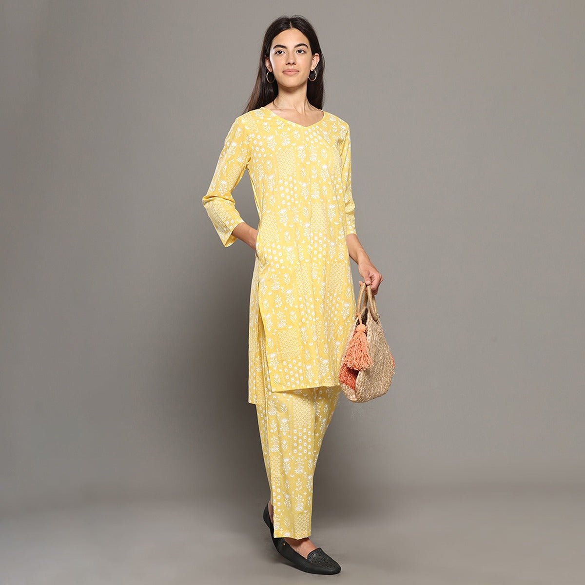 Yellow Cotton Abstract Print Kurta & Pant Co - ord Set – Loungewear | Verified Sustainable by Brown Living™