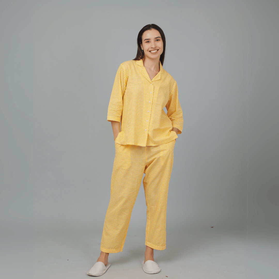 Yellow Cotton Checks Co - ord Set – Nightwear | Verified Sustainable by Brown Living™