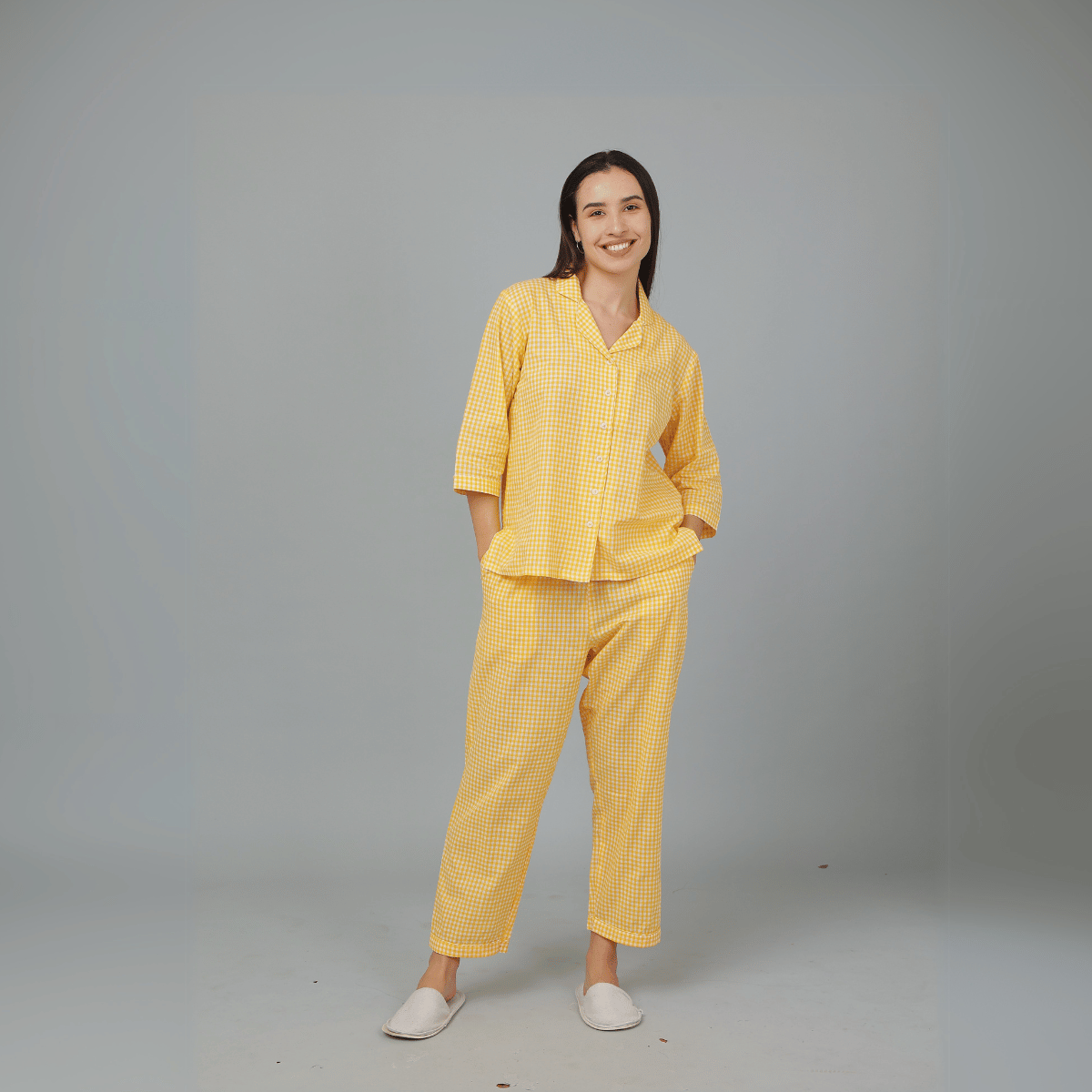 Yellow Cotton Checks Co - ord Set – Nightwear | Verified Sustainable by Brown Living™