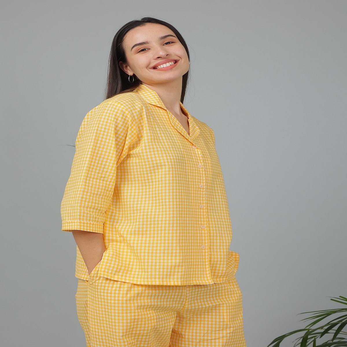 Yellow Cotton Checks Co - ord Set – Nightwear | Verified Sustainable by Brown Living™