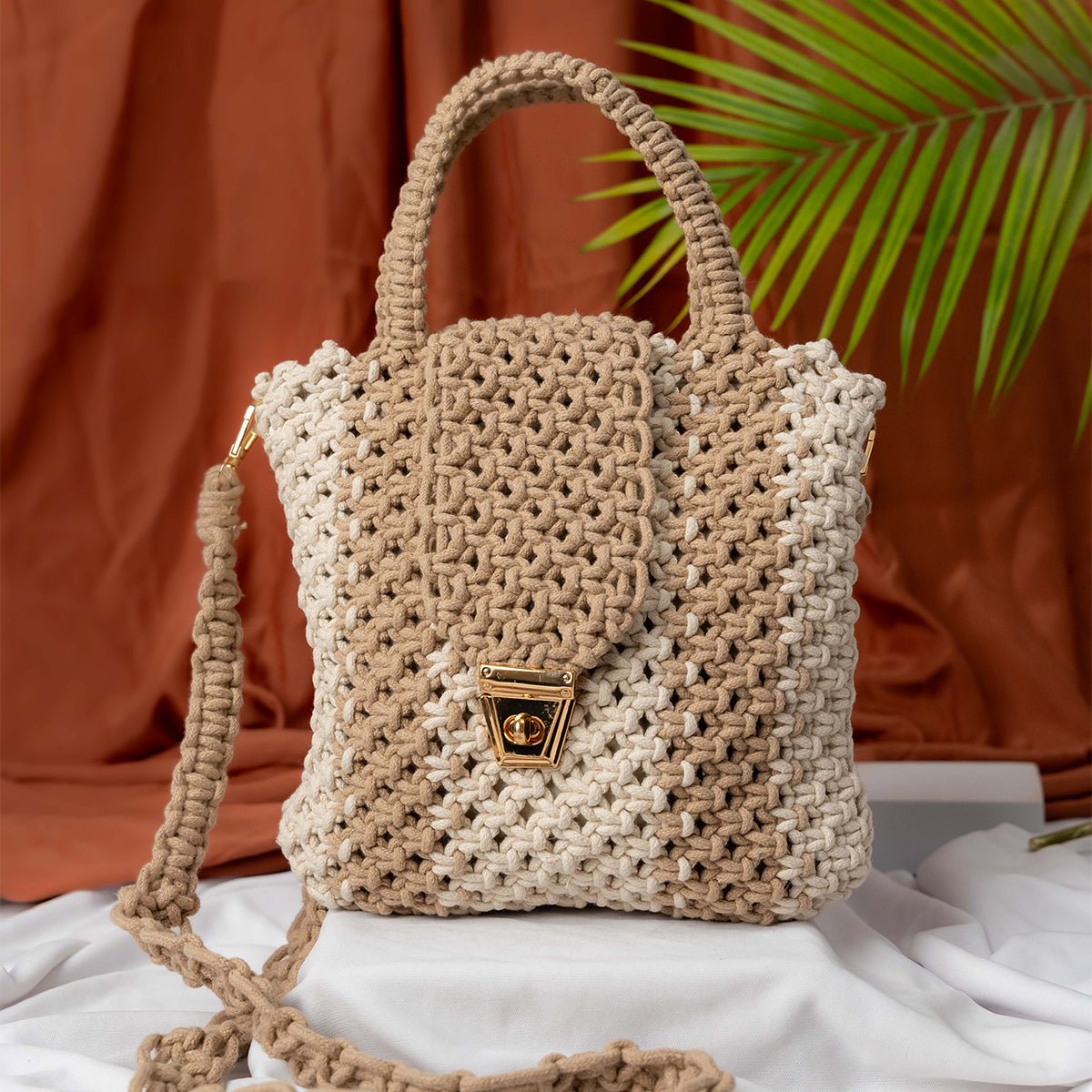 Tan Orchid Crochet Sling Bag | Handmade Shoulder Bag – Handbags on Brown Living™. SKU: AM-MAC-OrchidTan. Img 1.