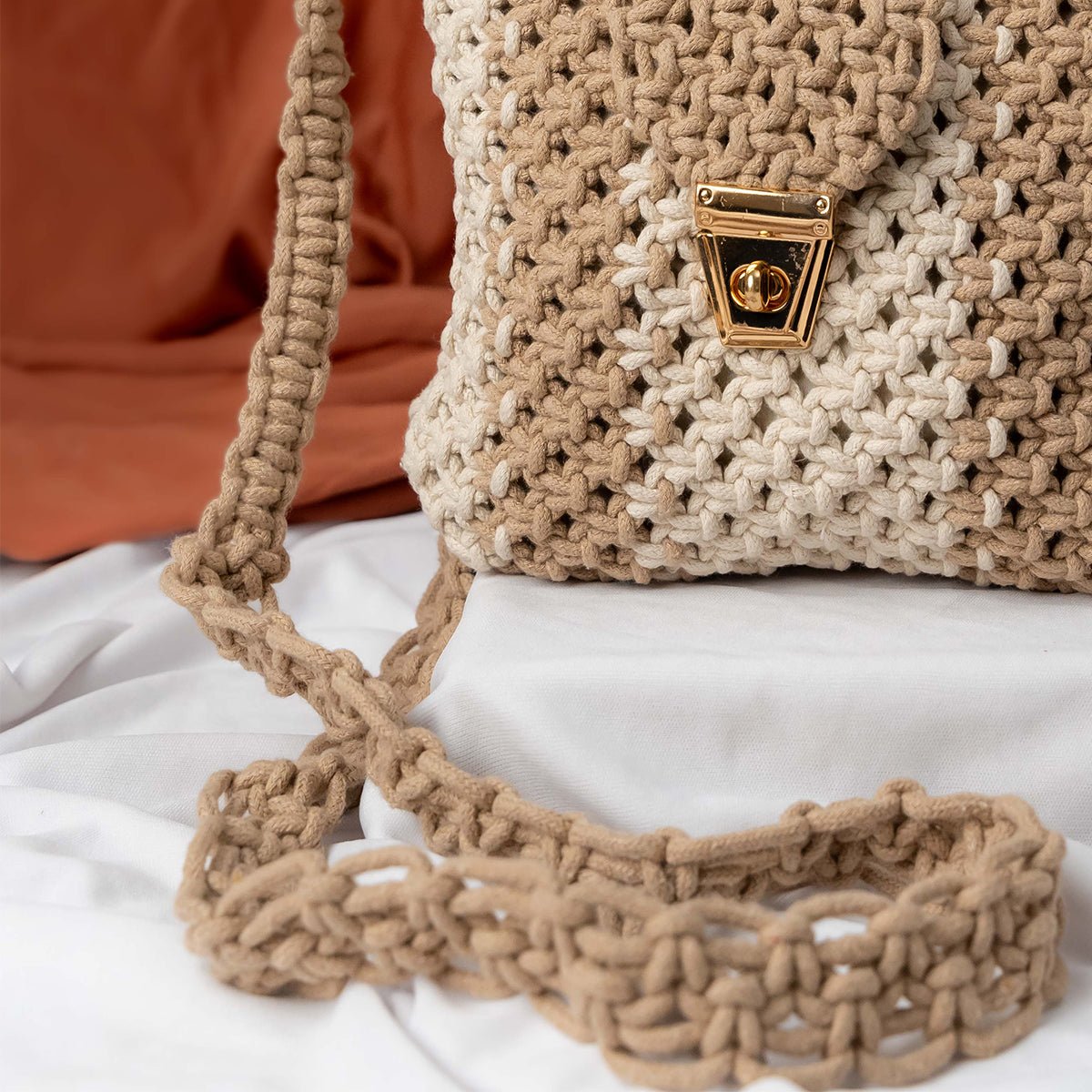 Tan Orchid Macrame Sling Bag | Handmade Shoulder Bag by Artistic
