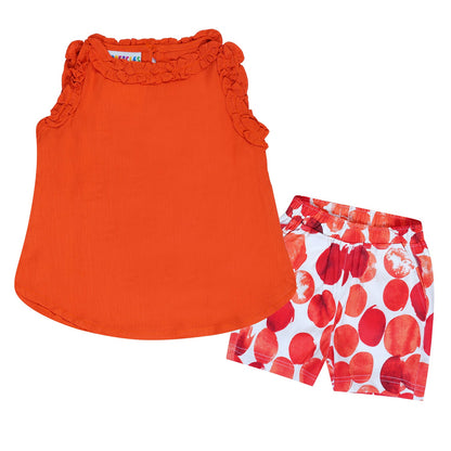 Tangerine Top & Dot Print Shorts Set For Girls | Regular Fit – Kids Daywear Sets on Brown Living™. SKU: PG164_1. Img 1.