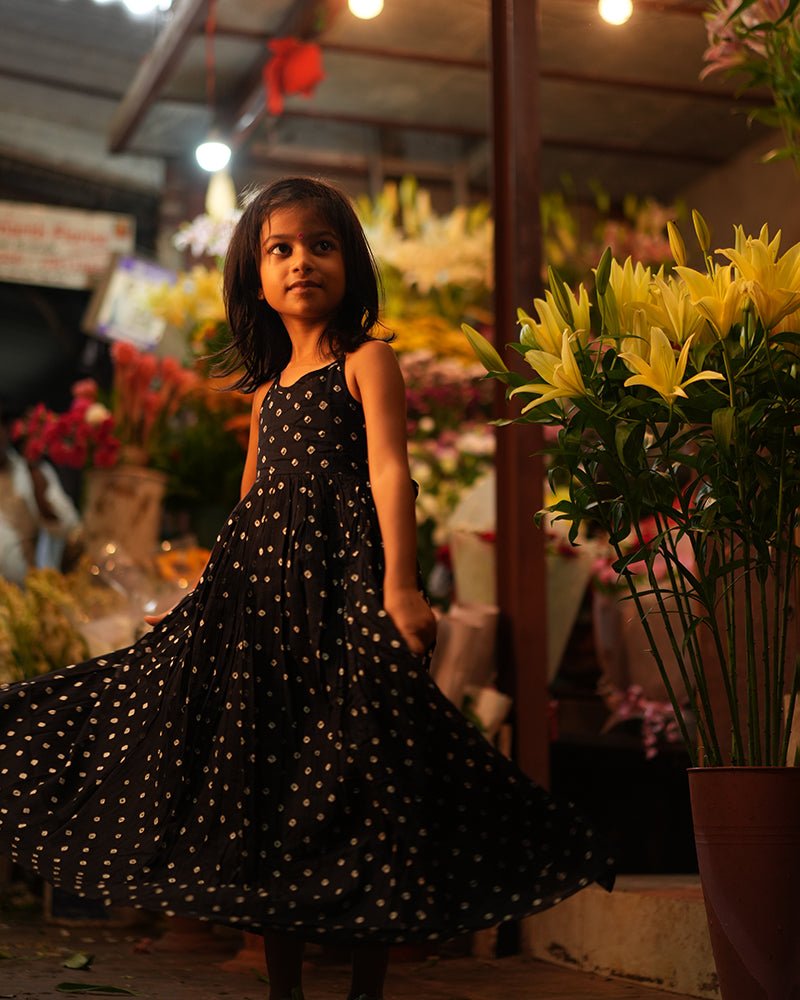 Tara Cotton Black Bandhani Halter Maxi Dress – Kids Frocks & Dresses by Love The World Today available on Brown Living™. 1 - 2 Y . SKU: C34G6BM12. Img 1.