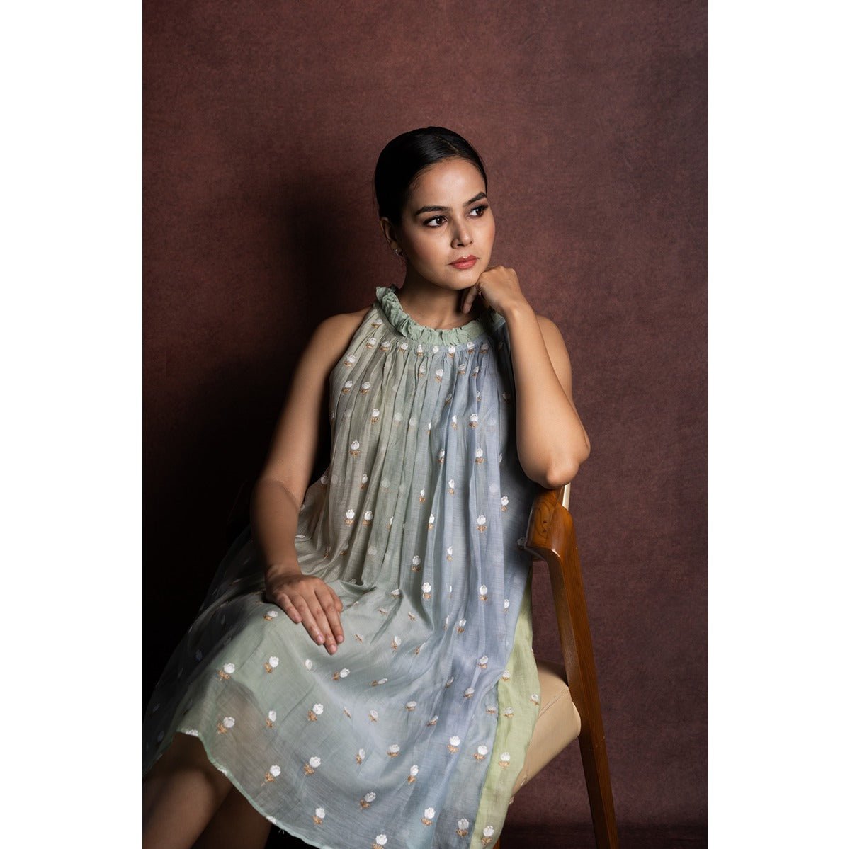 Tarang Muted Ombre Incut Halter Neck Mulchanderi Dress for Women – Womens Dress on Brown Living™. SKU: HD1024XSN. Img 7.