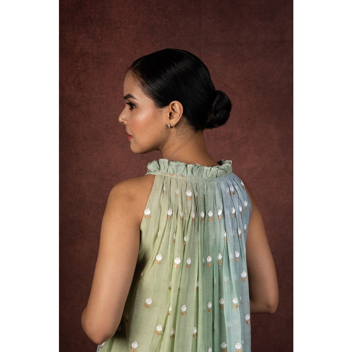 Tarang Muted Ombre Incut Halter Neck Mulchanderi Dress for Women – Womens Dress on Brown Living™. SKU: HD1024XSN. Img 11.