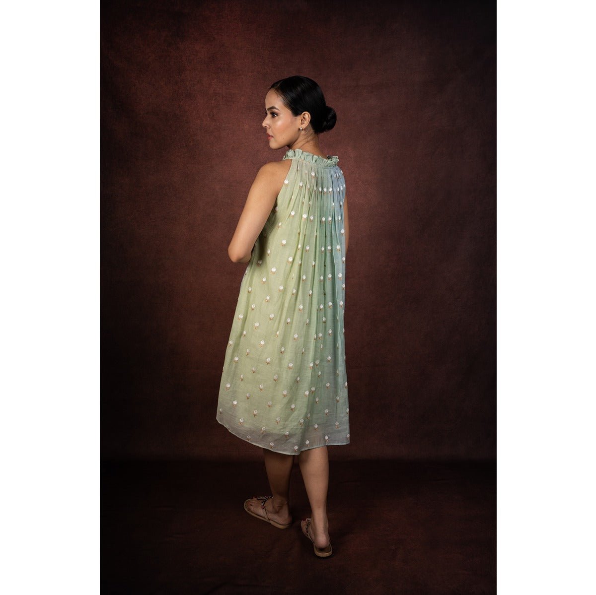 Tarang Muted Ombre Incut Halter Neck Mulchanderi Dress for Women – Womens Dress on Brown Living™. SKU: HD1024XSN. Img 10.