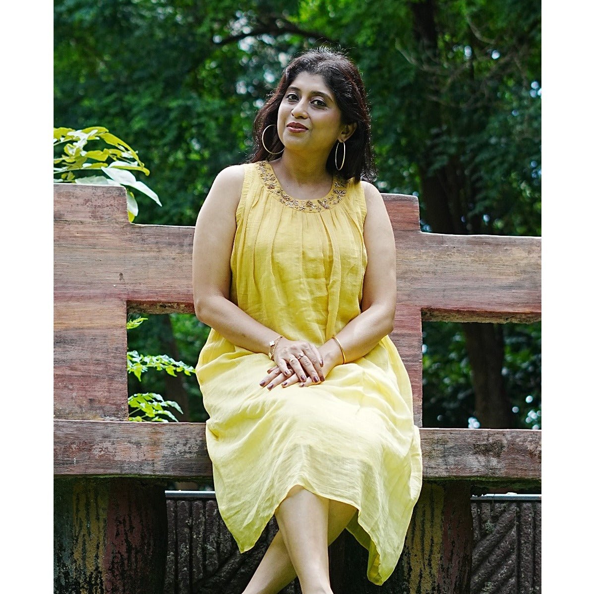 Tattva Soft Mustard Dress with Zardozi Neckwork for Women – Womens Dress on Brown Living™. SKU: HD1017XSN. Img 2.