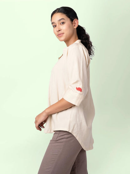 Taube – Organic Cotton Linen Mandarin Collar Shirt – Men Shirt by Phuhar's available on Brown Living™. Beige Xs. SKU: pH1761. Img 10.