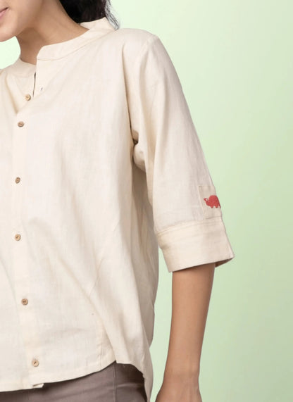 Taube – Organic Cotton Linen Mandarin Collar Shirt – Men Shirt by Phuhar's available on Brown Living™. Beige Xs. SKU: pH1761. Img 13.