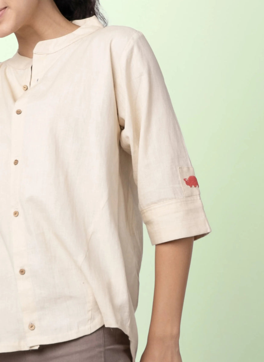 Taube – Organic Cotton Linen Mandarin Collar Shirt – Men Shirt by Phuhar's available on Brown Living™. Beige Xs. SKU: pH1761. Img 13.
