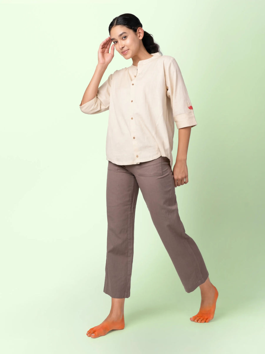Taube – Organic Cotton Linen Mandarin Collar Shirt – Men Shirt by Phuhar's available on Brown Living™. Beige Xs. SKU: pH1761. Img 11.