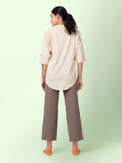 Taube – Organic Cotton Linen Mandarin Collar Shirt – Men Shirt by Phuhar's available on Brown Living™. Beige Xs. SKU: pH1761. Img 12.
