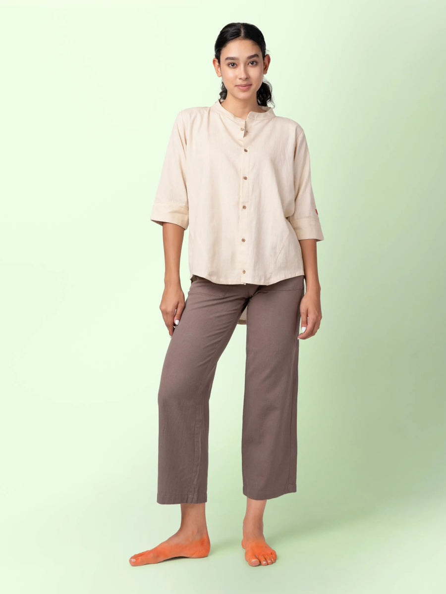 Taube – Organic Cotton Linen Mandarin Collar Shirt – Men Shirt by Phuhar's available on Brown Living™. Beige Xs. SKU: pH1761. Img 9.