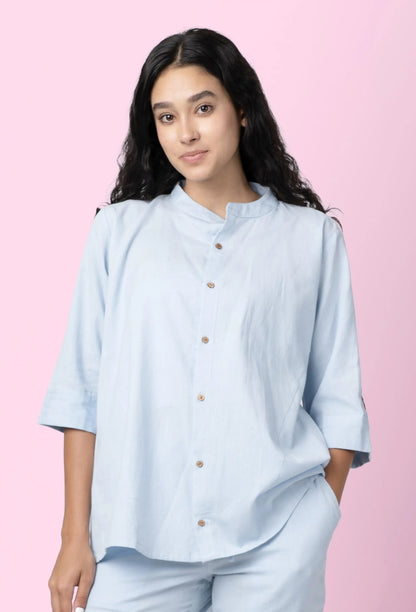Taube – Organic Cotton Linen Mandarin Collar Shirt – Men Shirt by Phuhar's available on Brown Living™. Blue Xs. SKU: pH1861. Img 14.