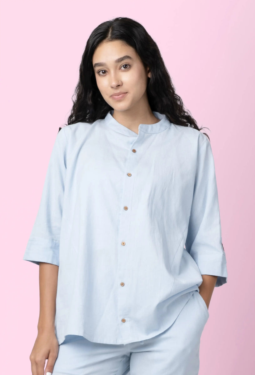 Taube – Organic Cotton Linen Mandarin Collar Shirt – Men Shirt by Phuhar's available on Brown Living™. Blue Xs. SKU: pH1861. Img 14.