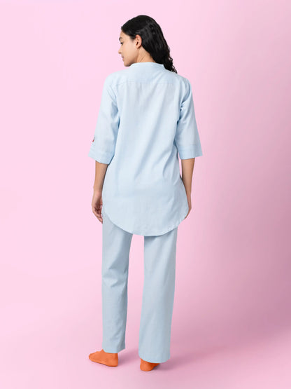 Taube – Organic Cotton Linen Mandarin Collar Shirt – Men Shirt by Phuhar's available on Brown Living™. Blue Xs. SKU: pH1861. Img 15.