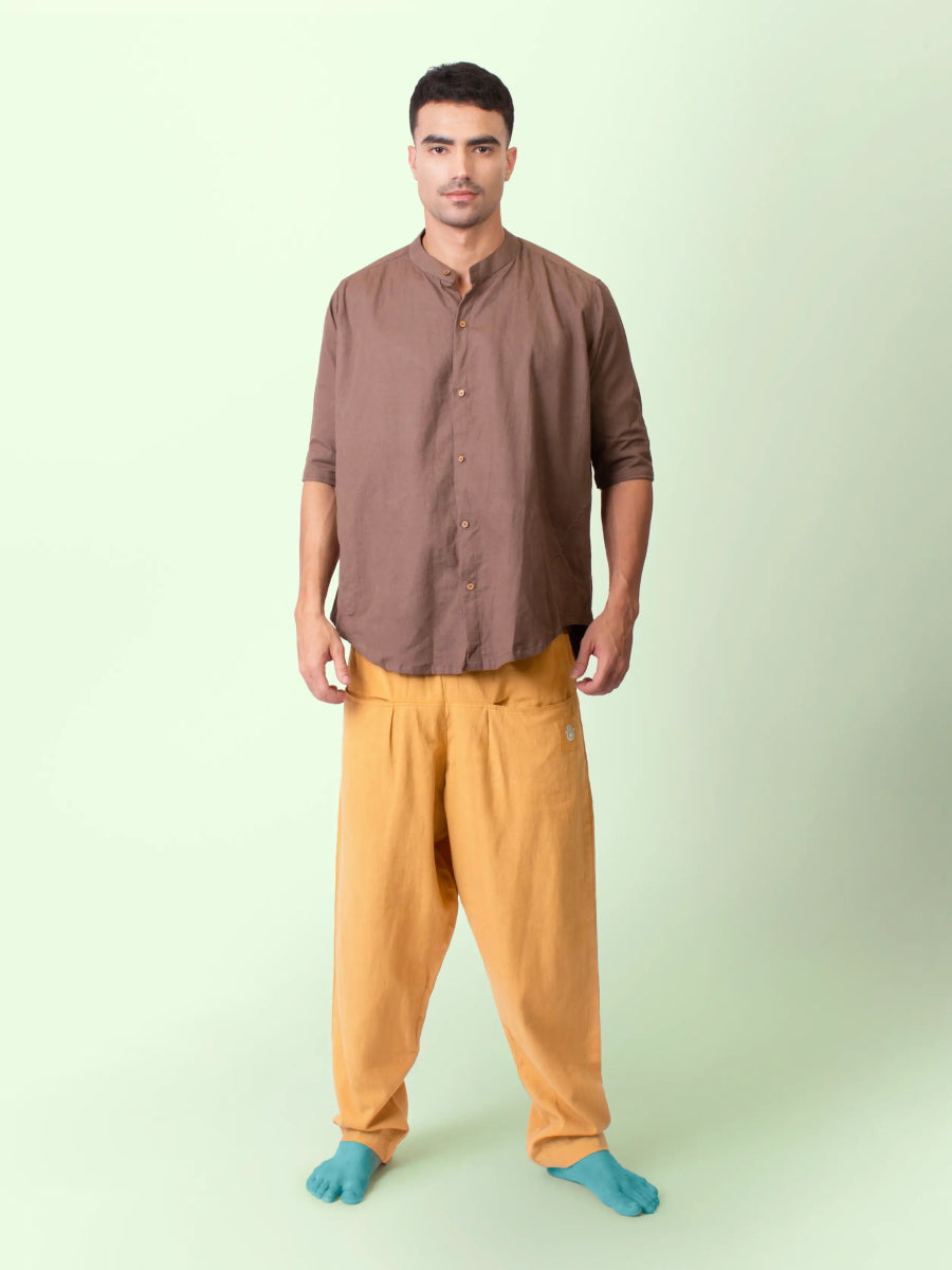 Taube – Organic Cotton Linen Mandarin Collar Shirt – Men Shirt by Phuhar's available on Brown Living™. Brown S. SKU: pH1821. Img 2.