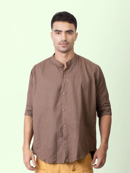 Taube – Organic Cotton Linen Mandarin Collar Shirt – Men Shirt by Phuhar's available on Brown Living™. Brown S. SKU: pH1821. Img 1.