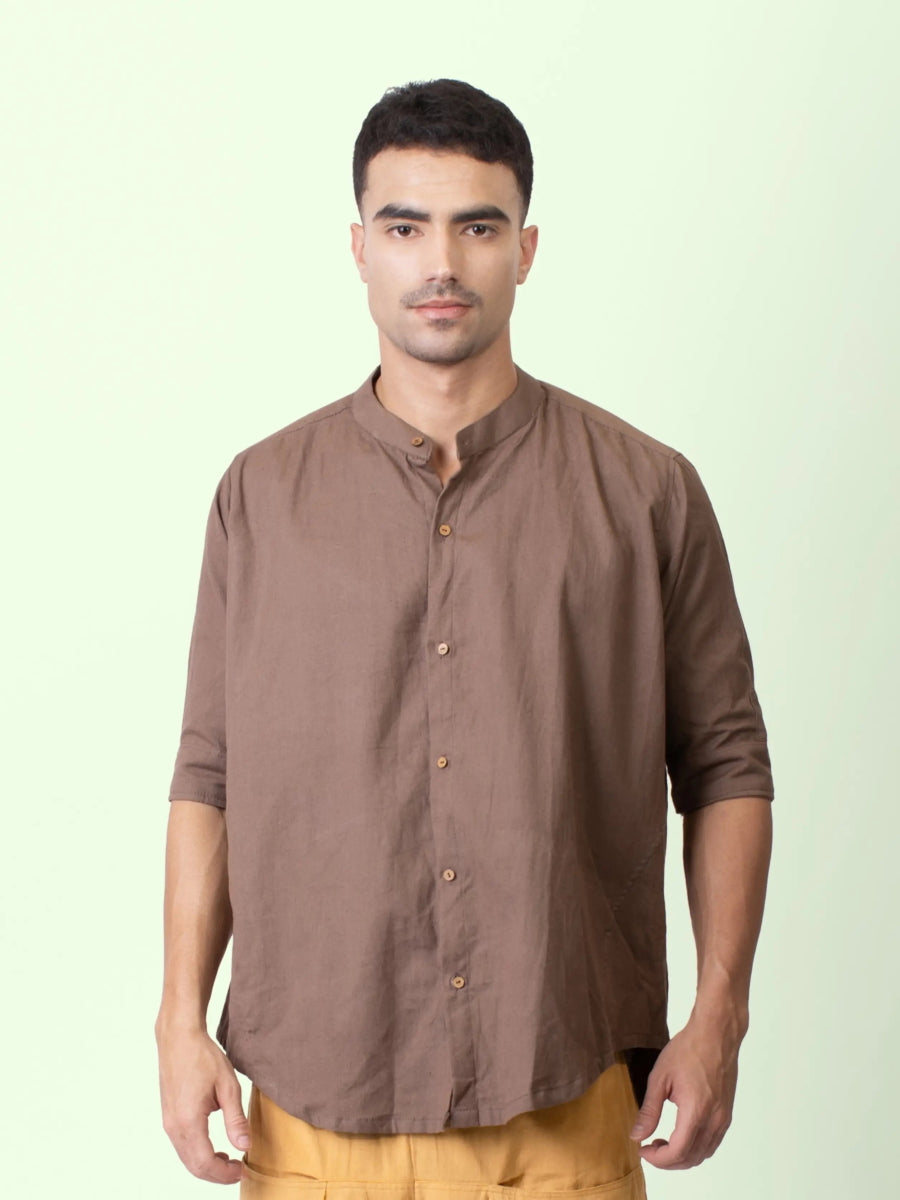Taube – Organic Cotton Linen Mandarin Collar Shirt – Men Shirt by Phuhar's available on Brown Living™. Brown S. SKU: pH1821. Img 1.