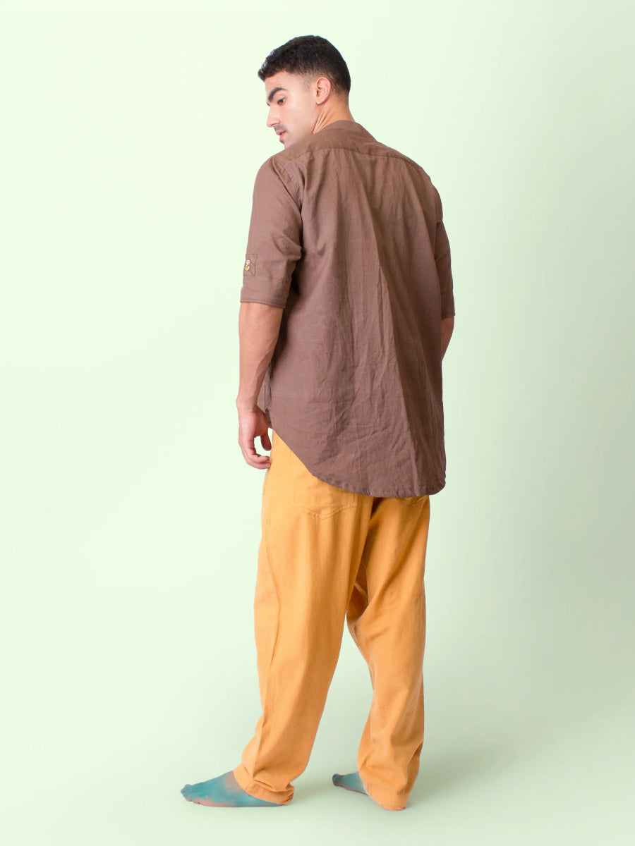 Taube – Organic Cotton Linen Mandarin Collar Shirt – Men Shirt by Phuhar's available on Brown Living™. Brown S. SKU: pH1821. Img 3.