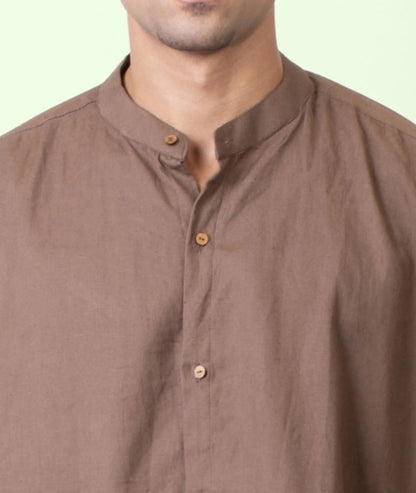 Taube – Organic Cotton Linen Mandarin Collar Shirt – Men Shirt by Phuhar's available on Brown Living™. Brown S. SKU: pH1821. Img 4.