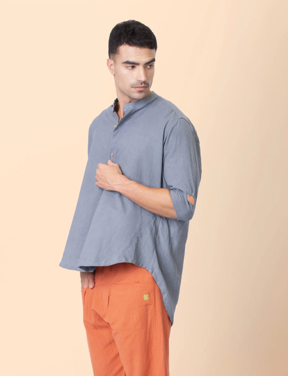 Taube – Organic Cotton Linen Mandarin Collar Shirt – Men Shirt by Phuhar's available on Brown Living™. Grey Xs. SKU: pH1911. Img 6.