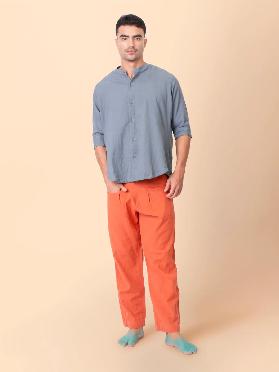 Taube – Organic Cotton Linen Mandarin Collar Shirt – Men Shirt by Phuhar's available on Brown Living™. Grey Xs. SKU: pH1911. Img 5.