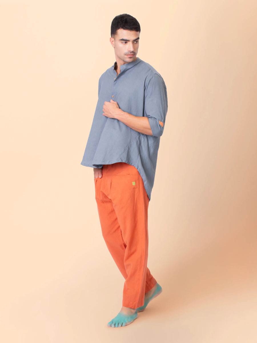 Taube – Organic Cotton Linen Mandarin Collar Shirt – Men Shirt by Phuhar's available on Brown Living™. Grey Xs. SKU: pH1911. Img 7.