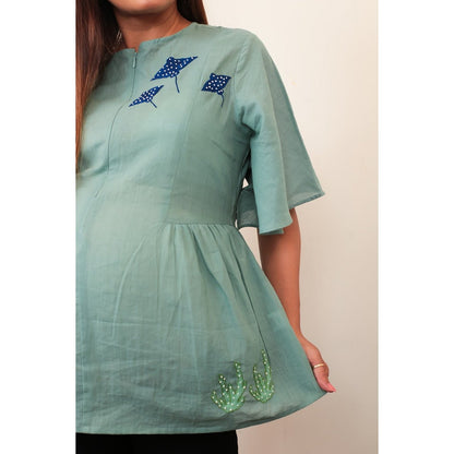 Teal Starry Stingray Cotton Maternity Top for Women – Womens Maternity Wear on Brown Living™. SKU: MCBL130. Img 2.