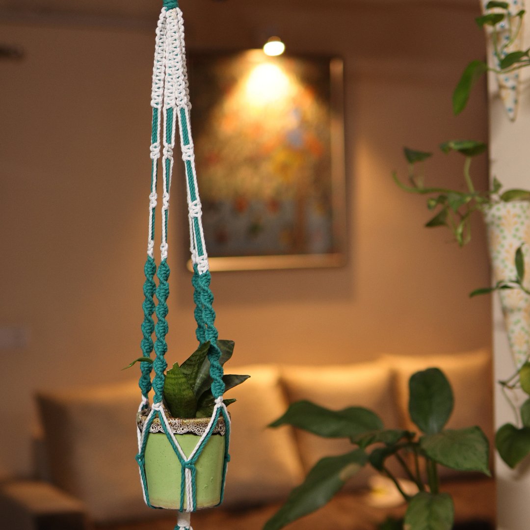 Teal Web Macrame Plant Holder | Verified Sustainable by Brown Living™