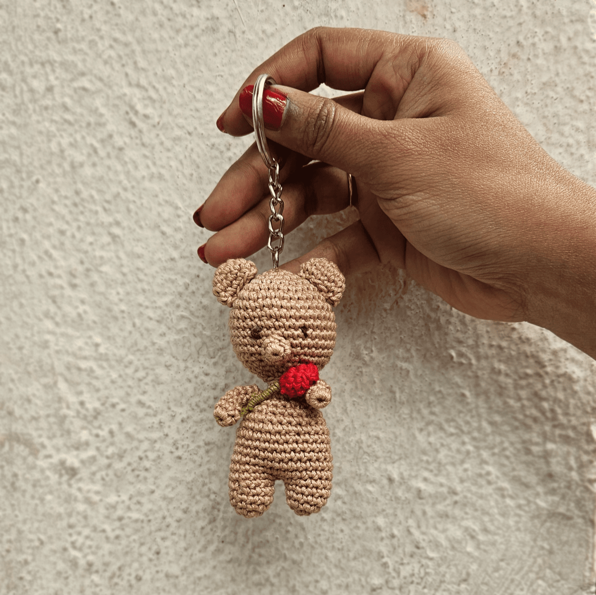 Teddy with Rose Keychain - Cute Handmade Crochet Charm – Gift by Wishing Treasure available on Brown Living™. . SKU: WTTK1. Img 3.