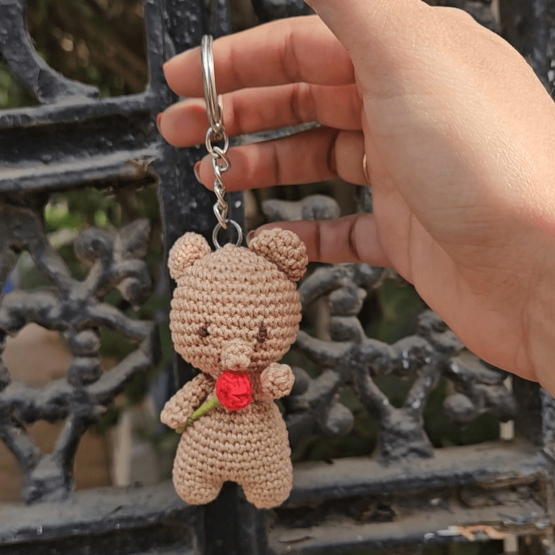 Teddy with Rose Keychain - Cute Handmade Crochet Charm – Gift by Wishing Treasure available on Brown Living™. . SKU: WTTK1. Img 2.