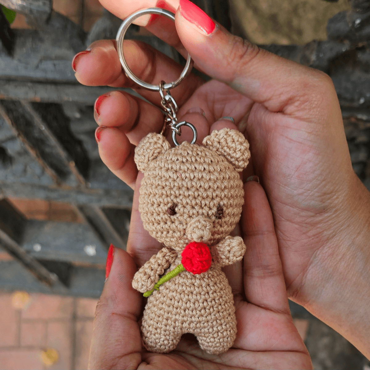 Teddy with Rose Keychain - Cute Handmade Crochet Charm – Gift by Wishing Treasure available on Brown Living™. . SKU: WTTK1. Img 1.