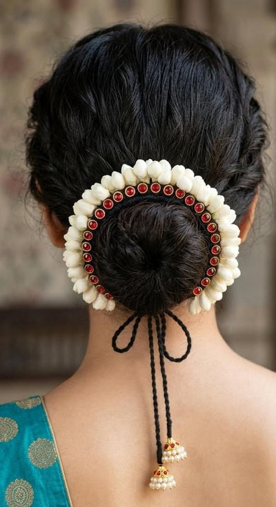 Temple Flora Gajra | Handcrafted Floral Hair Accessory for Women – Jewellery on Brown Living™. SKU: SAR1009. Img 1.